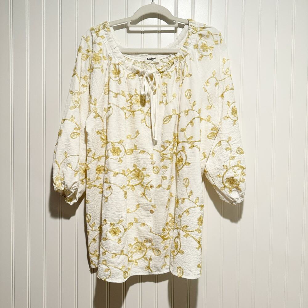 Kindred White Gold Embroidered Cotton Peasant Blouse Boho Plus Size 2X